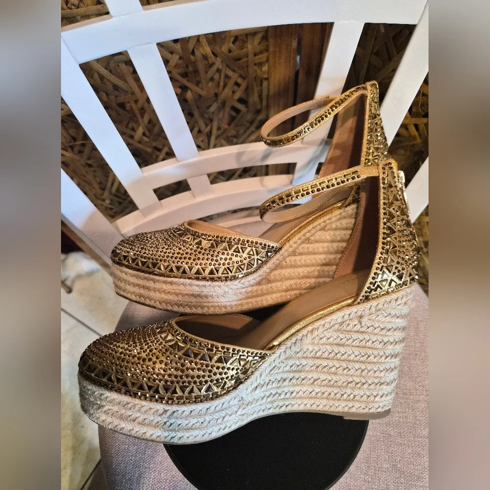 Thalia Sodi Gold Embellished Wedge Espadrilles